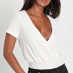 Lulu's White Ribbed V-Neck Wrap Crop Top